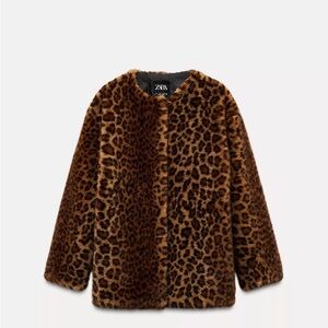 Zara Brown Faux Fur Leopard Print Coat